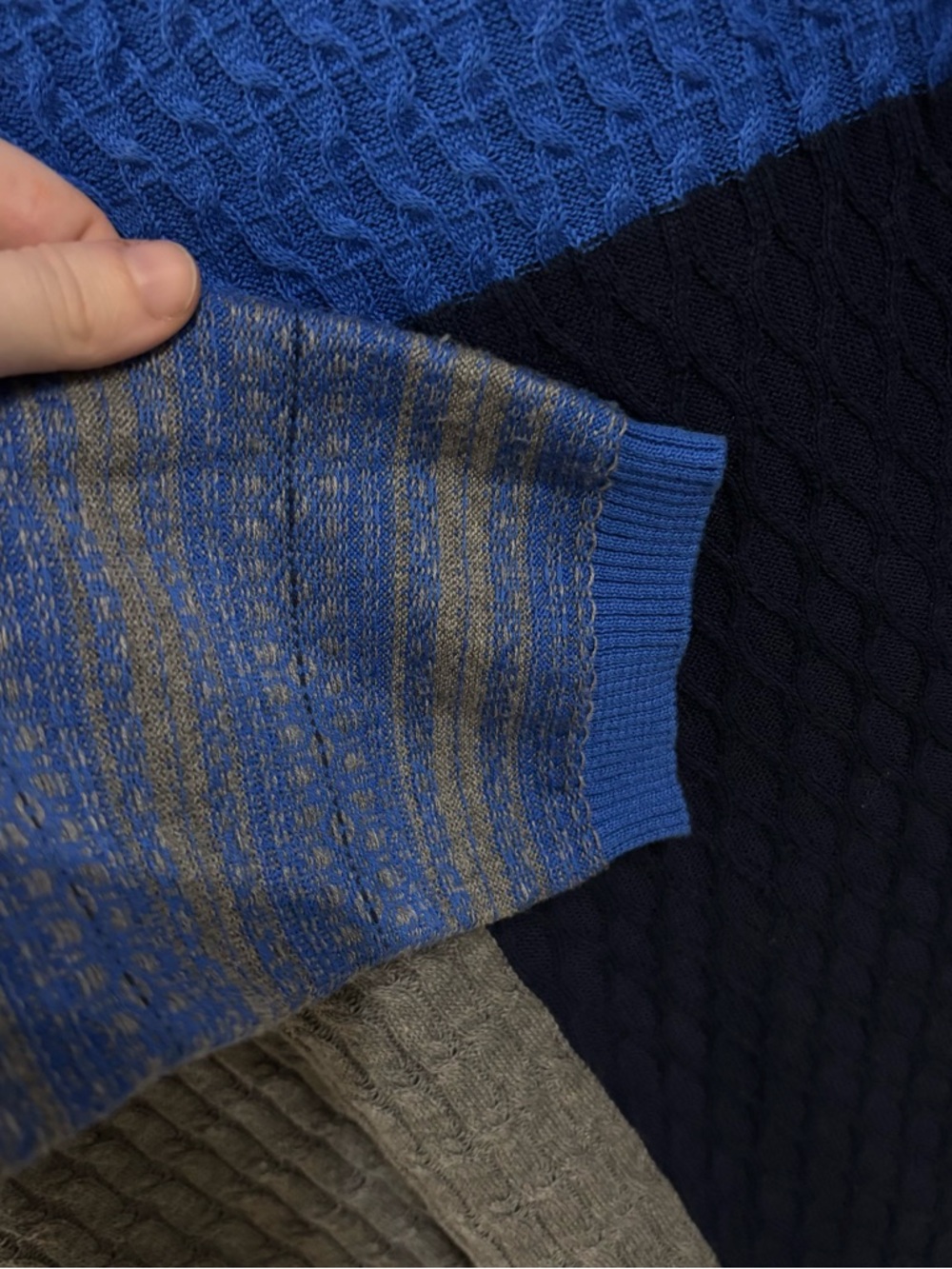 Edinburgh Knitwear Color block Cable Knit Blue and Gray 100% Pima Cotton Sweater - Picture 4 of 6
